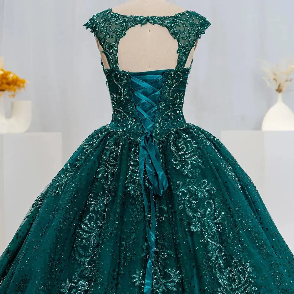 Glitter Sequins Prom Dress Princess Long Green Elegant Backless Sweet 16 Party Dress