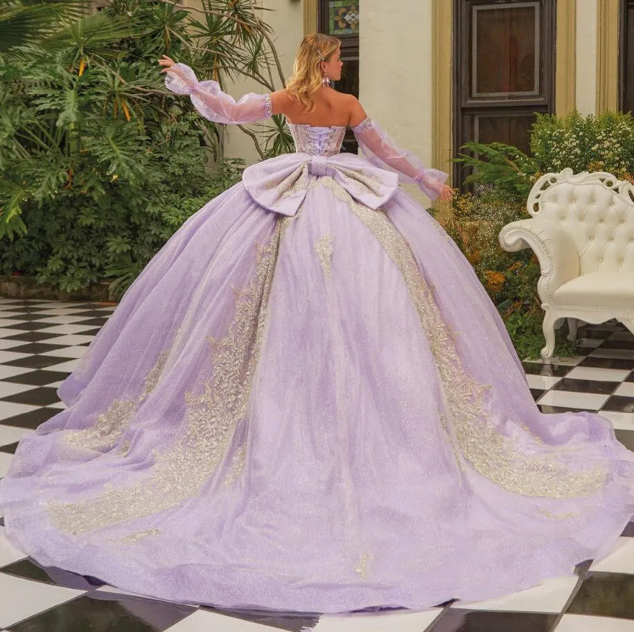 Glitter & Sparkly Ball Gown Strapless Long Sleeves Lace Appliques Beaded Bow Knot Lilac Tulle Princess Evening Party Gown Quinceanera Dress For Sweet 16