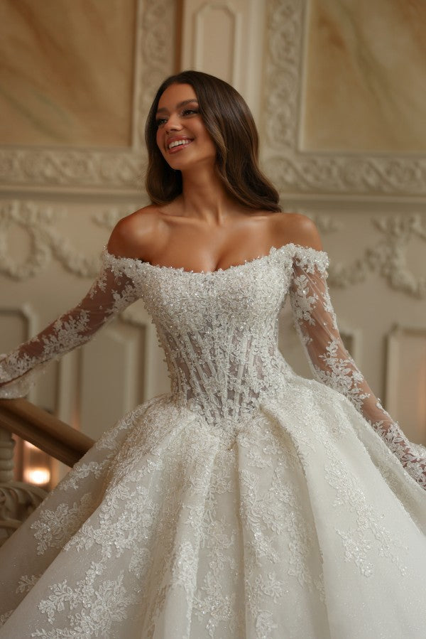 Glitter Tulle Ball Gown Wedding Dress with Beaded Lace Sleeves