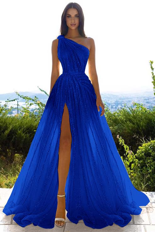 Glittering One Shoulder Daffodil Sequins Prom Dress Long Split