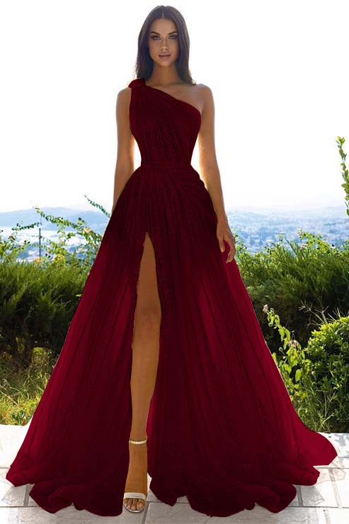 Glittering One Shoulder Daffodil Sequins Prom Dress Long Split