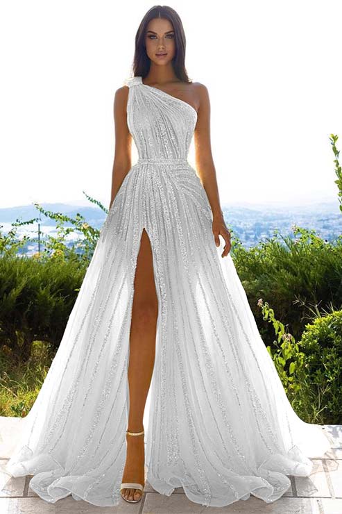 Glittering One Shoulder Daffodil Sequins Prom Dress Long Split