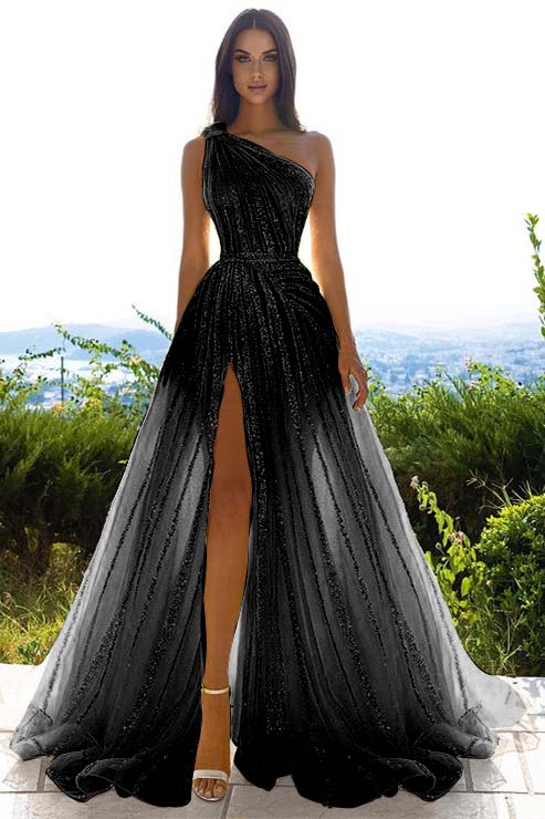 Glittering One Shoulder Daffodil Sequins Prom Dress Long Split