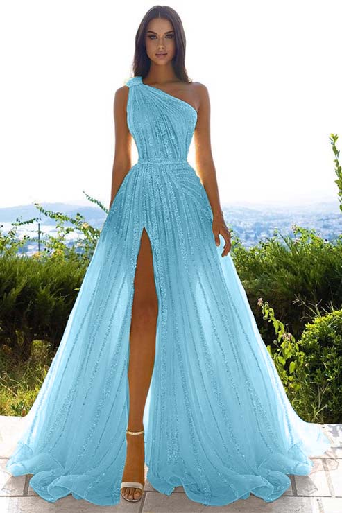 Glittering One Shoulder Daffodil Sequins Prom Dress Long Split
