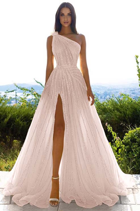 Glittering One Shoulder Daffodil Sequins Prom Dress Long Split