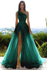 Glittering One Shoulder Daffodil Sequins Prom Dress Long Split