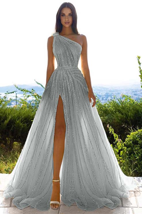 Glittering One Shoulder Daffodil Sequins Prom Dress Long Split