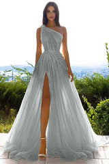 Glittering One Shoulder Daffodil Sequins Prom Dress Long Split