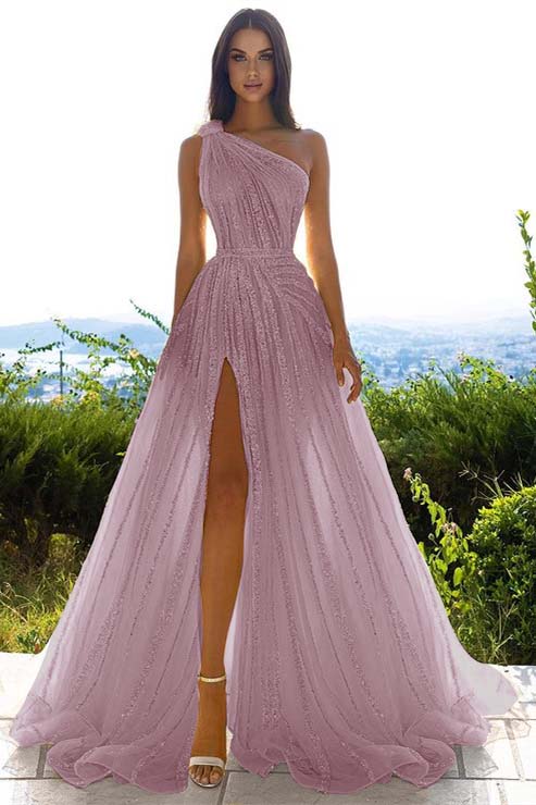 Glittering One Shoulder Daffodil Sequins Prom Dress Long Split