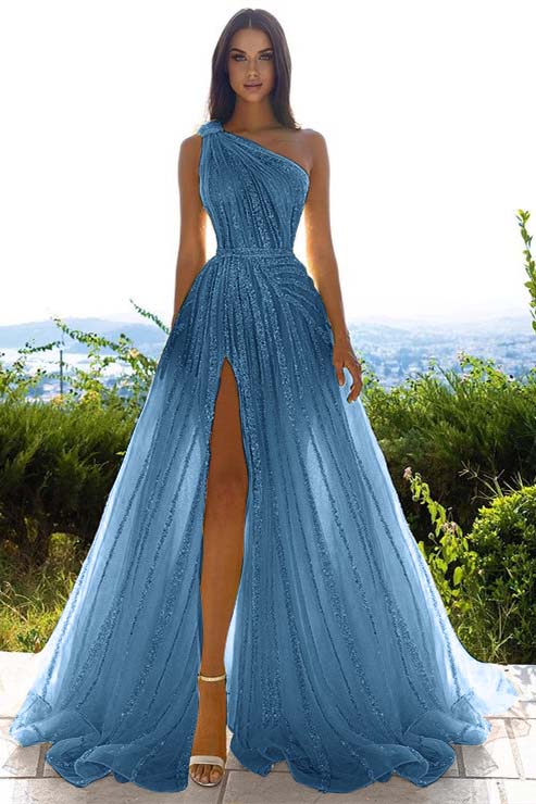 Glittering One Shoulder Daffodil Sequins Prom Dress Long Split