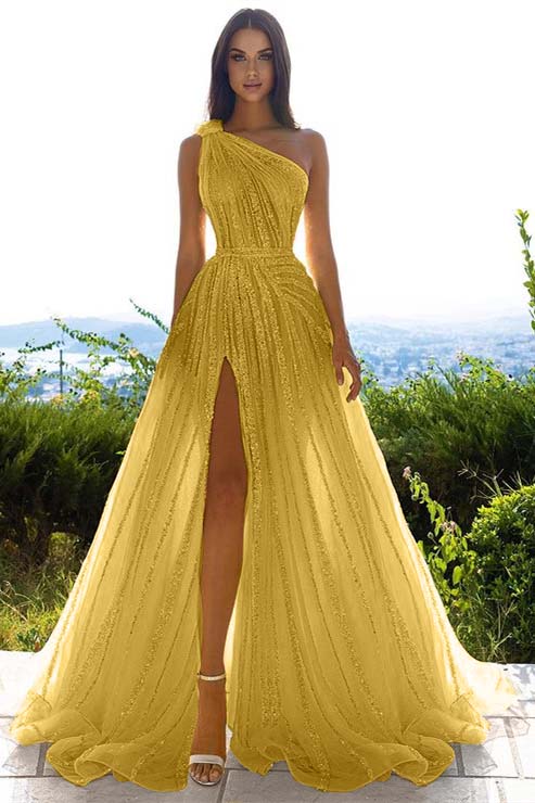 Glittering One Shoulder Daffodil Sequins Prom Dress Long Split