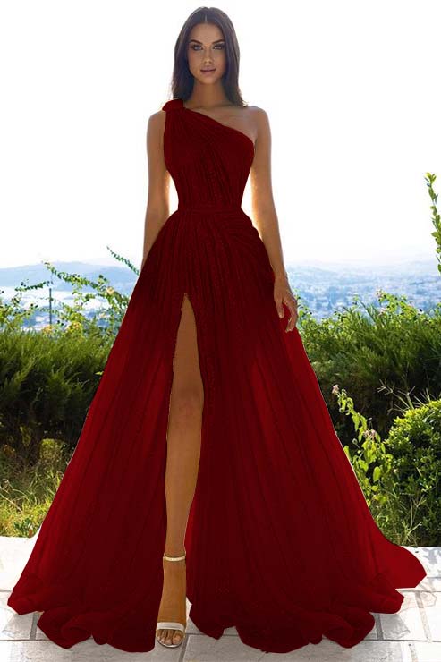 Glittering One Shoulder Daffodil Sequins Prom Dress Long Split