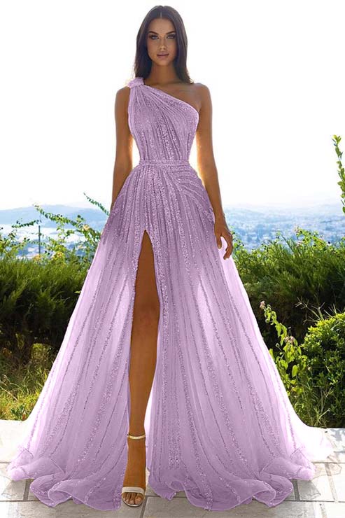 Glittering One Shoulder Daffodil Sequins Prom Dress Long Split