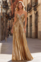 Gold A Line Prom Dress Beaded Sweetheart Pleated Long Formal Gown