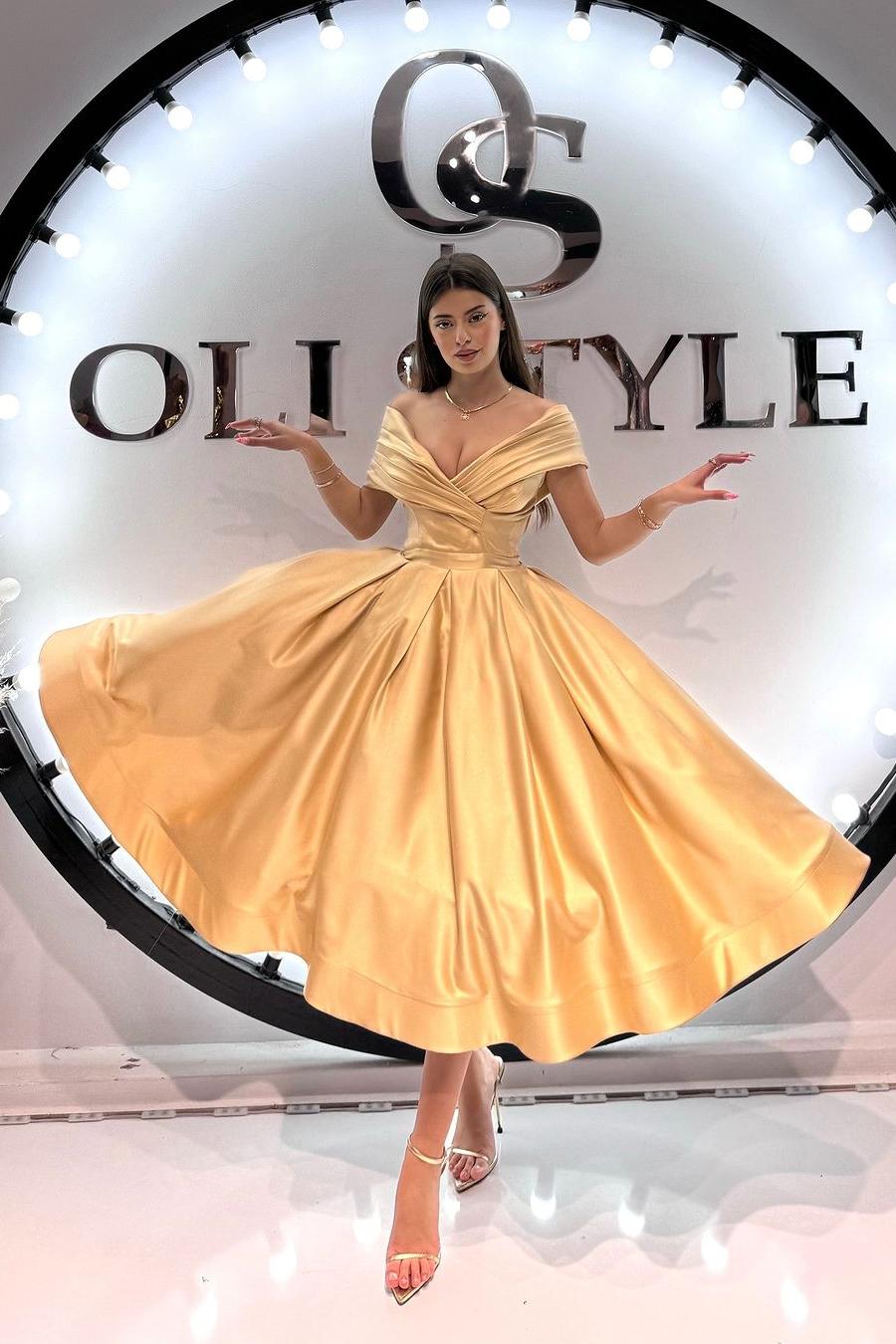Gold A Line Prom Dress Off the Shoulder Satin Tea Length Evening Dress