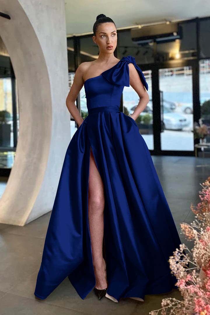 Gold A Line Prom Dress Sleeveless One Shoulder Satin Evening Dress