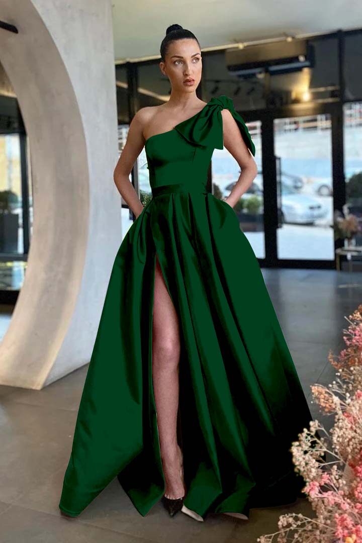 Gold A Line Prom Dress Sleeveless One Shoulder Satin Evening Dress