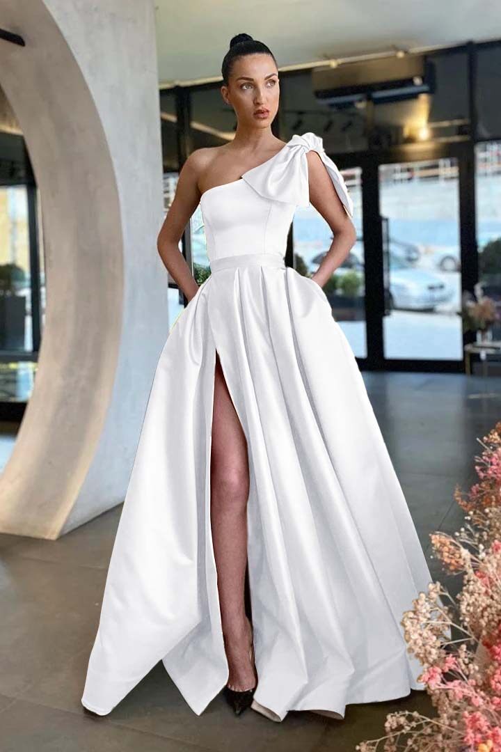 Gold A Line Prom Dress Sleeveless One Shoulder Satin Evening Dress