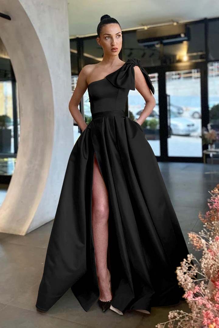 Gold A Line Prom Dress Sleeveless One Shoulder Satin Evening Dress