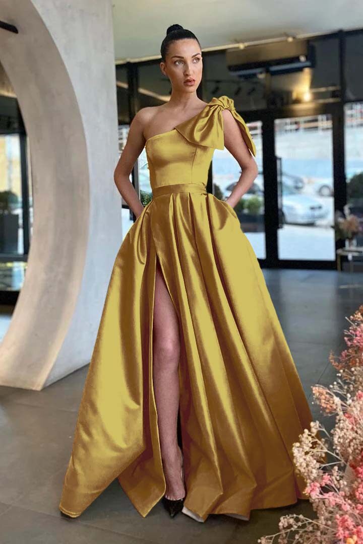 Gold A Line Prom Dress Sleeveless One Shoulder Satin Evening Dress