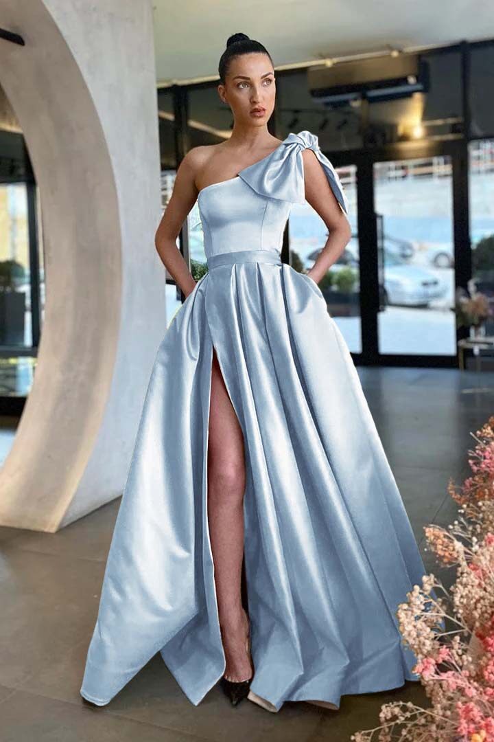 Gold A Line Prom Dress Sleeveless One Shoulder Satin Evening Dress