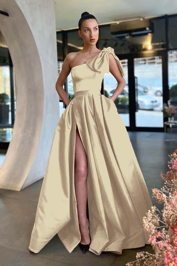 Gold A Line Prom Dress Sleeveless One Shoulder Satin Evening Dress