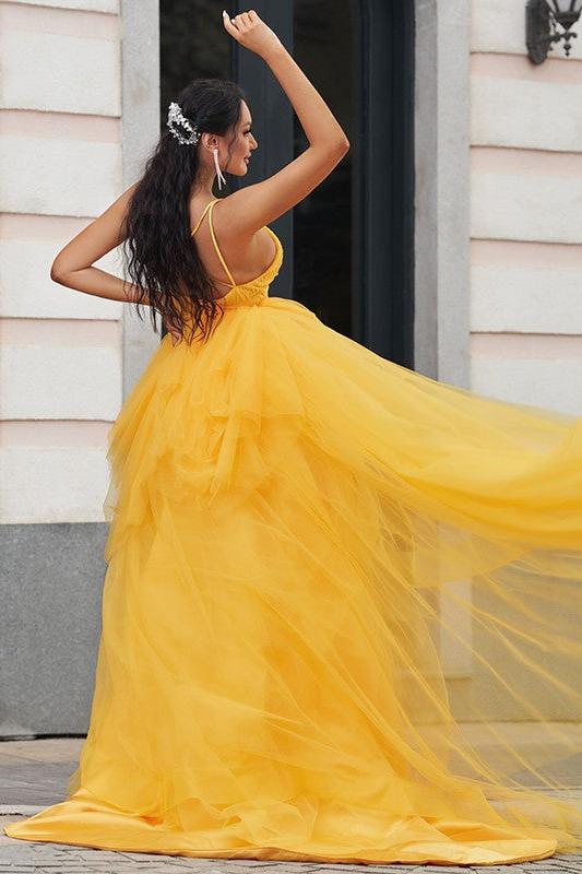 Gold A Line Prom Dress Sleeveless Spaghetti Straps High Low Evening Dress