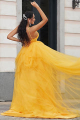 Gold A Line Prom Dress Sleeveless Spaghetti Straps High Low Evening Dress