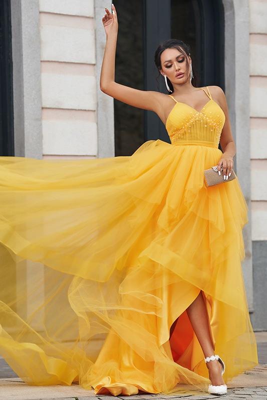 Gold A Line Prom Dress Sleeveless Spaghetti Straps High Low Evening Dress