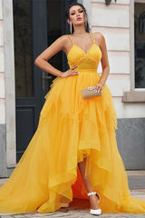 Gold A Line Prom Dress Sleeveless Spaghetti Straps High Low Evening Dress
