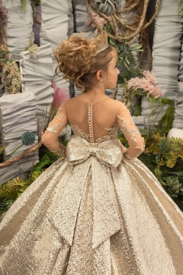 Gold Ball Gown Long Sleeves Crew Neck Flower Girl Dress with Lace Appliques