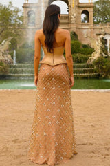 Gold Beaded Evening Dress Tulle Strapless Satin Formal Dress