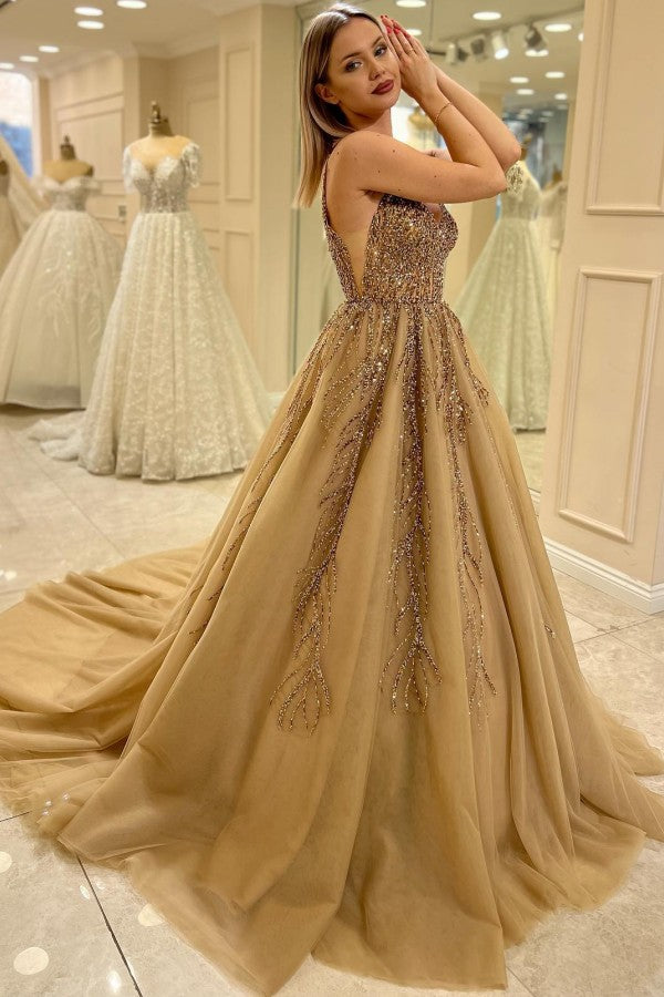 Gold Beaded Tulle A Line Wedding Dress with Spaghetti Straps and Open Back