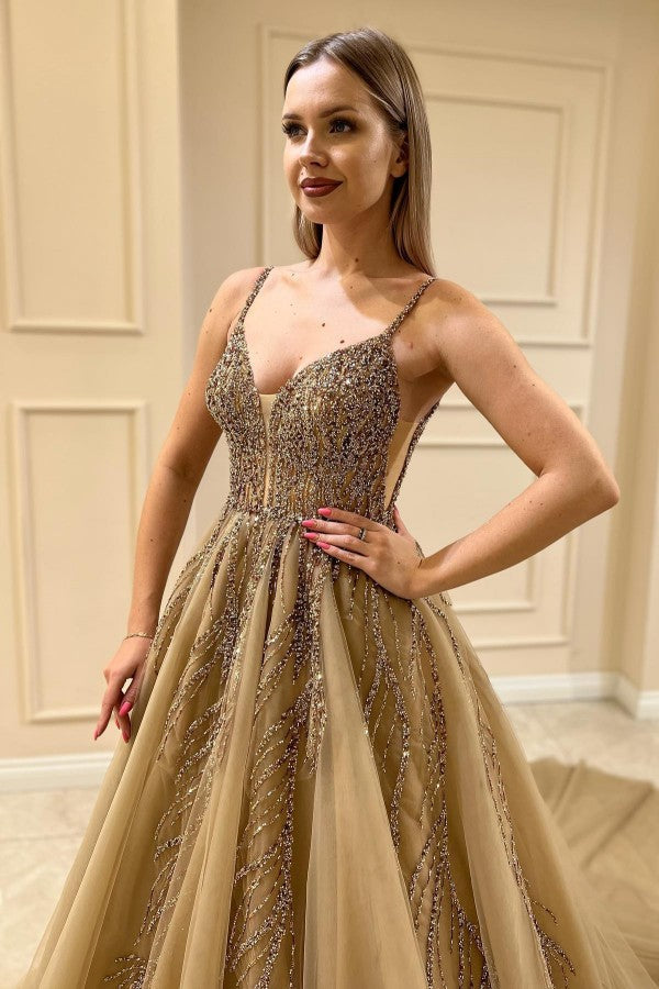 Gold Beaded Tulle A Line Wedding Dress with Spaghetti Straps and Open Back