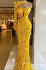Gold Mermaid Prom Dress Long Sleeve Sequined One Shoulder Evening Dress