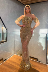Gold Mermaid Prom Dress Long Sleeve Strapless Beaded Evening Dress