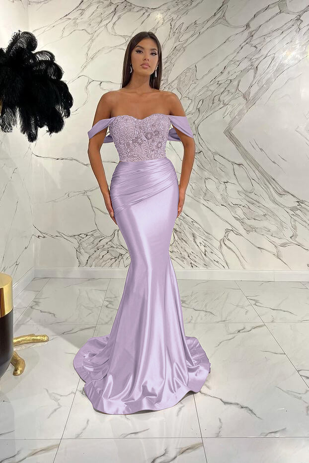 Gold Mermaid Prom Dress Off the Shoulder Evening Dress With Lace Appliques