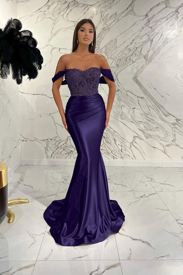 Gold Mermaid Prom Dress Off the Shoulder Evening Dress With Lace Appliques