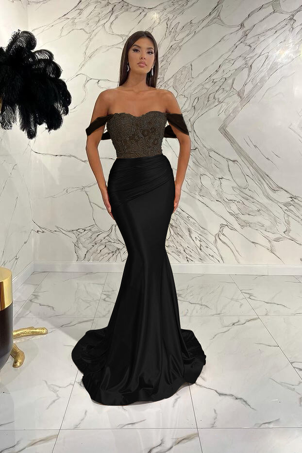 Gold Mermaid Prom Dress Off the Shoulder Evening Dress With Lace Appliques