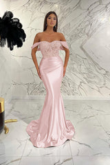 Gold Mermaid Prom Dress Off the Shoulder Evening Dress With Lace Appliques