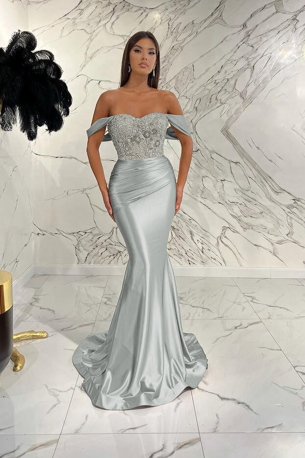 Gold Mermaid Prom Dress Off the Shoulder Evening Dress With Lace Appliques