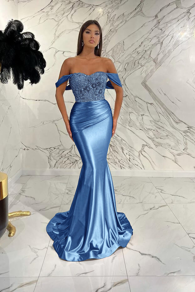 Gold Mermaid Prom Dress Off the Shoulder Evening Dress With Lace Appliques