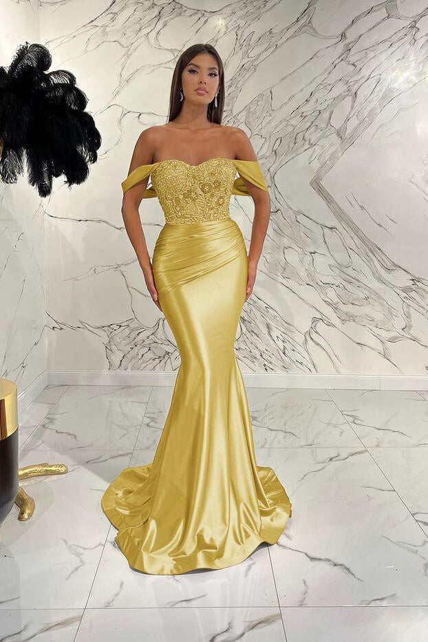 Gold Mermaid Prom Dress Off the Shoulder Evening Dress With Lace Appliques