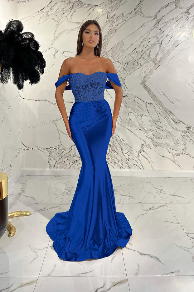 Gold Mermaid Prom Dress Off the Shoulder Evening Dress With Lace Appliques