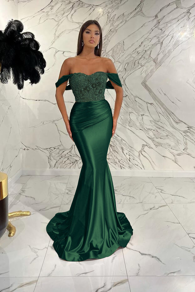 Gold Mermaid Prom Dress Off the Shoulder Evening Dress With Lace Appliques