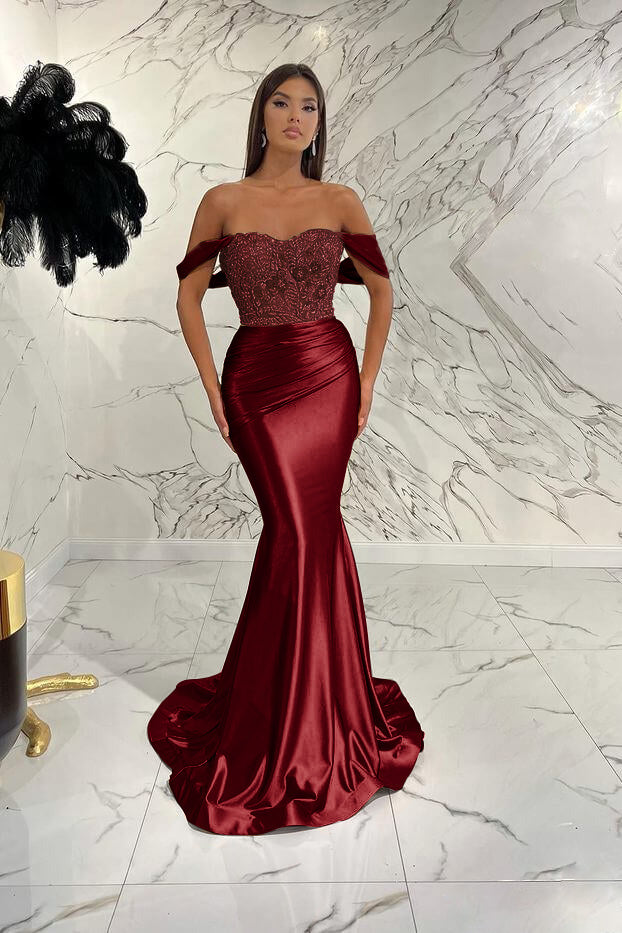 Gold Mermaid Prom Dress Off the Shoulder Evening Dress With Lace Appliques