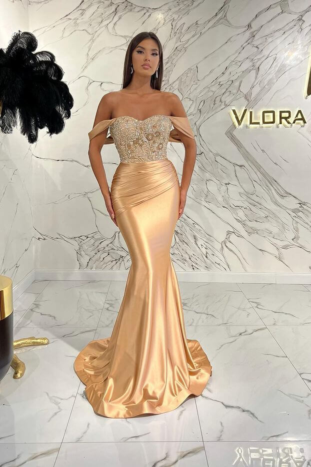 Gold Mermaid Prom Dress Off the Shoulder Evening Dress With Lace Appliques