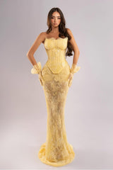 Gold Mermaid Prom Dress Sleeveless Strapless Evening Dress With Lace Appliques