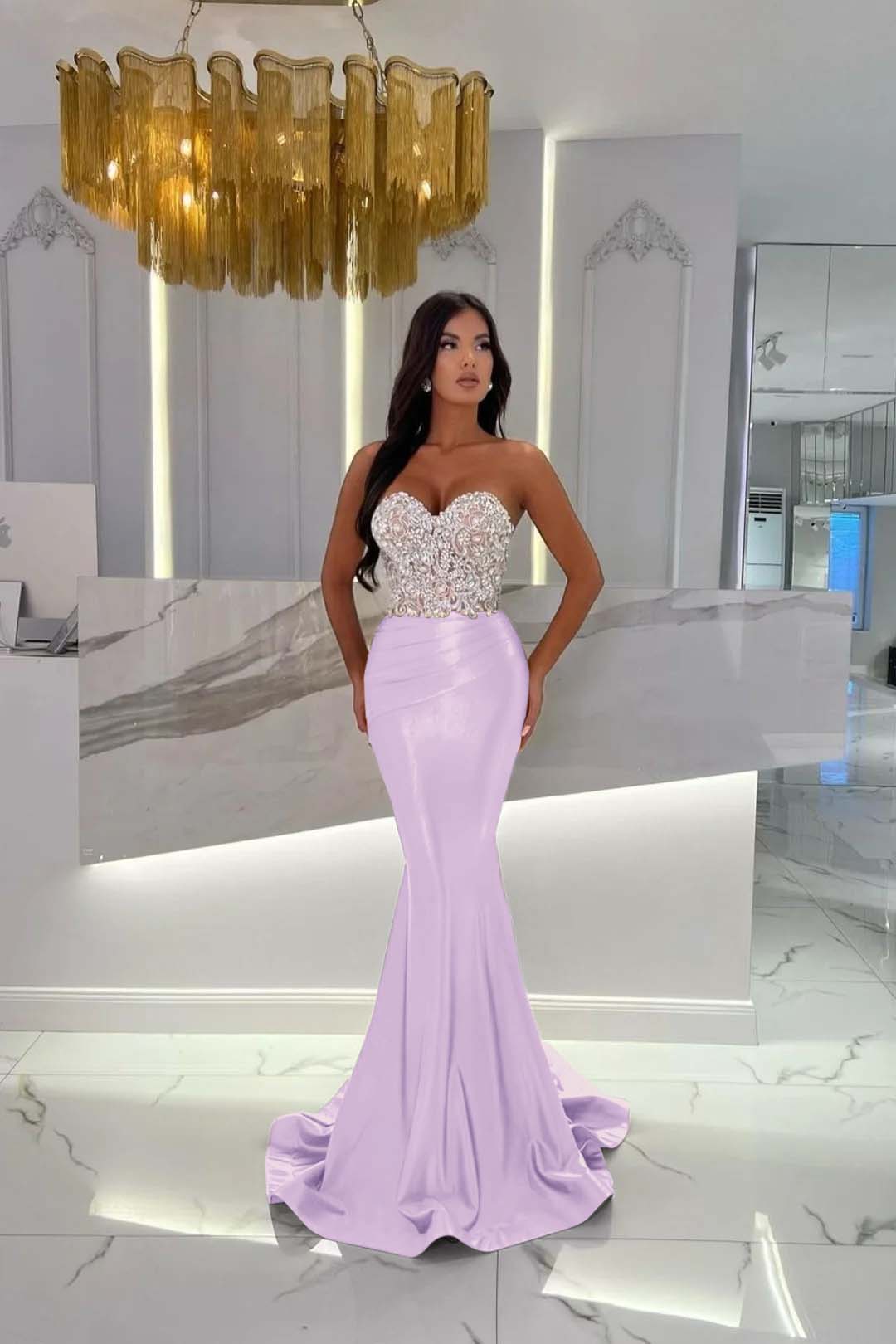 Gold Mermaid Prom Dress Sleeveless Sweetheart Beaded Evening Dress
