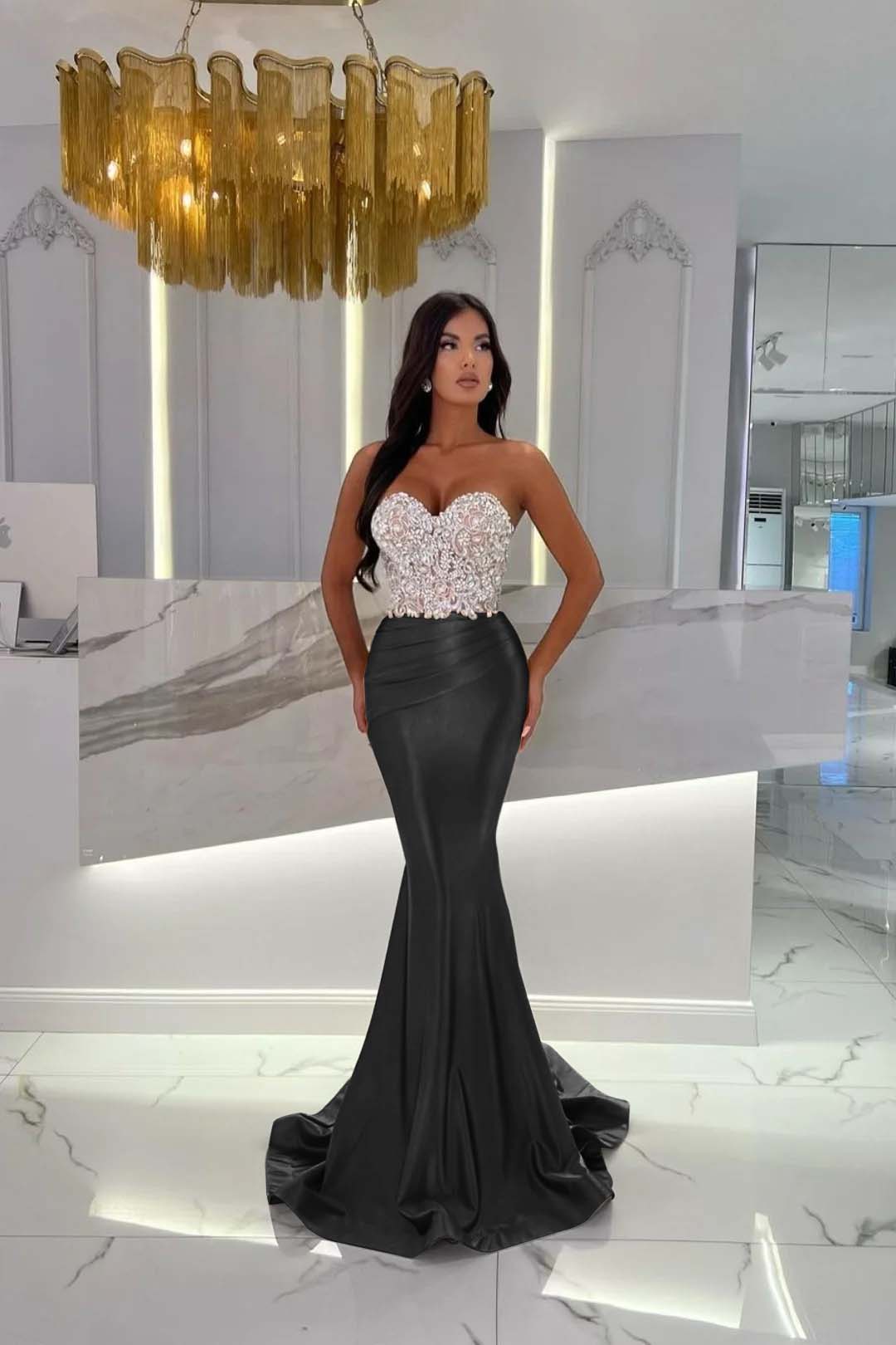 Gold Mermaid Prom Dress Sleeveless Sweetheart Beaded Evening Dress